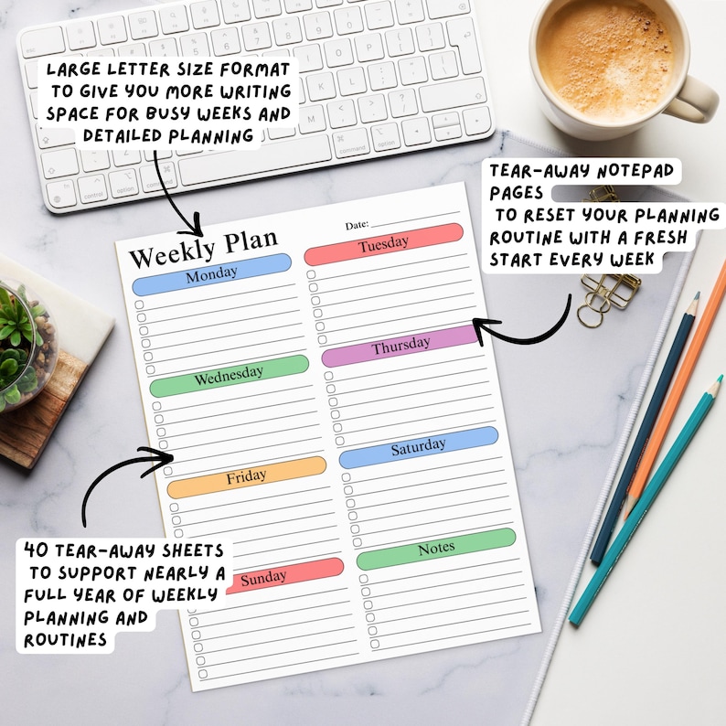 Minimalist weekly organizer desk pad with pastel checklist design displayed in aesthetic mockup setting, showing lined planning sections, notes category and large 8.5x11 paper notepad format.
