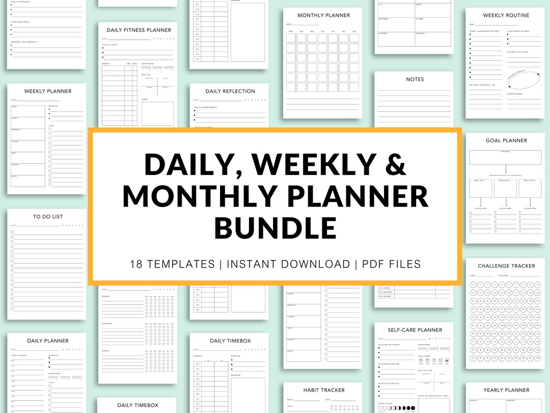 Daily Weekly Monthly Planner Bundle Printable 18 Templates, Daily Todo ...