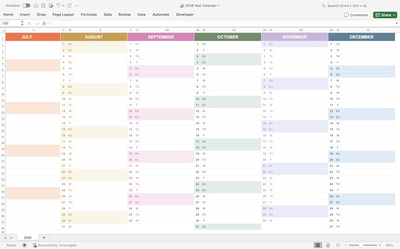 Minimalist workspace with 2026 Excel calendar on monitor, perfect for work, study, and personal planning