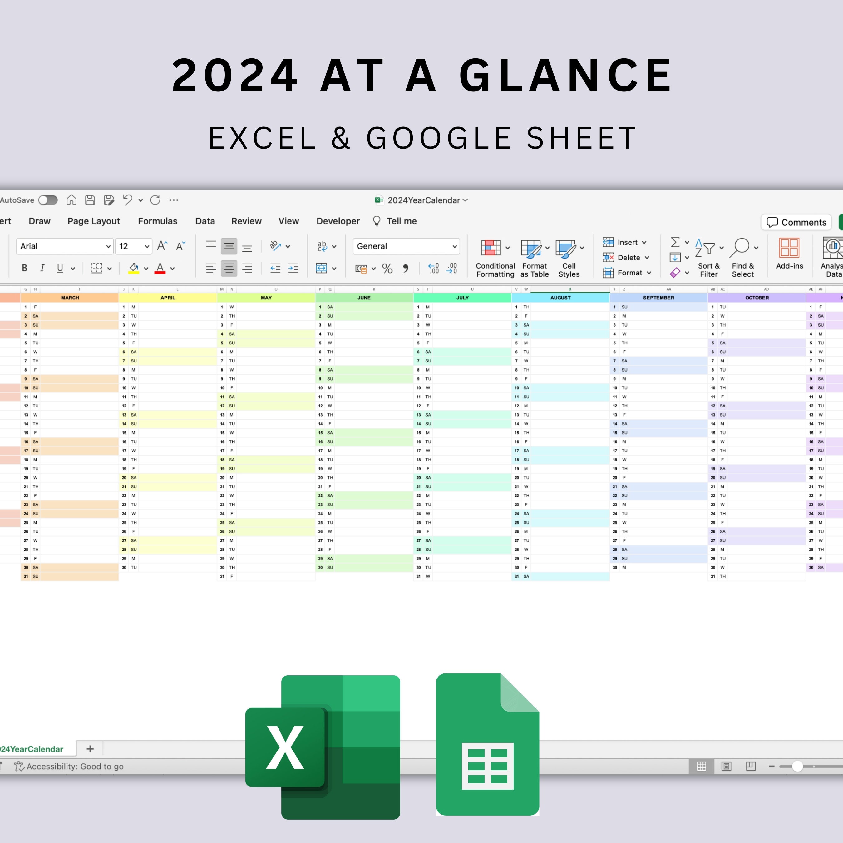 2024 Year Planner Excel & Google Sheets Year Calendar 2024 Yearly ...