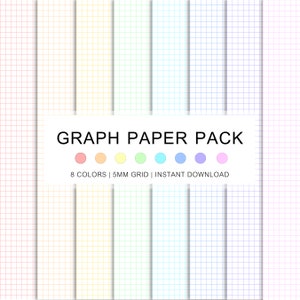 Paquete de papel milimetrado colorido con 8 plantillas imprimibles, papel digital para cuaderno con cuadrícula de 5 mm, tamaño A4 y carta, descarga instantánea en PDF.
