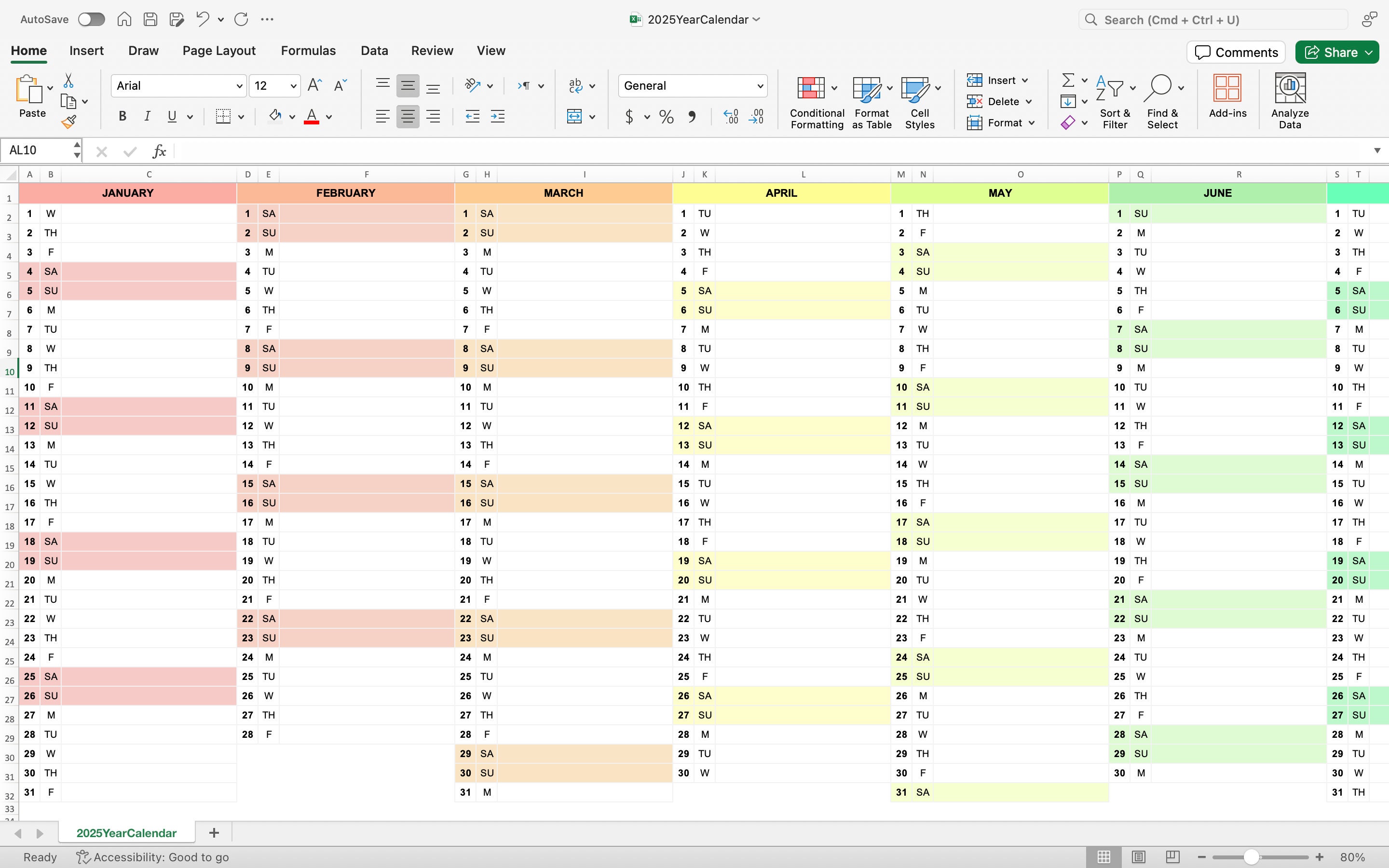 2025年 Excelカレンダー＆Googleスプレッドシート 月間カレンダー 2025年 年間プランナー 2025年  編集可能なExcelとGoogleスプレッドシートのテンプレート レインボーカラー