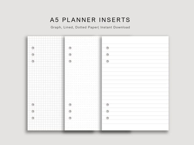 May include: Three A5 planner inserts with punched holes on the left side. The inserts are blank and feature different paper styles: graph, lined, and dotted.