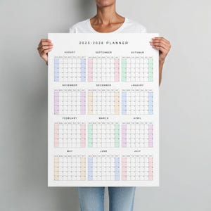 School Year Calendar 2025 2026 Poster • Aug 25 - Jul 26 • Sunday Start • Academic Wall Planner • Portrait • Pastel Colors • Year At A Glance