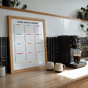 Minimalist 12-section weekly planner layout with colorful headers and clean lines, featuring daily checklists from Monday to Friday and dedicated spaces for work tasks and project management.