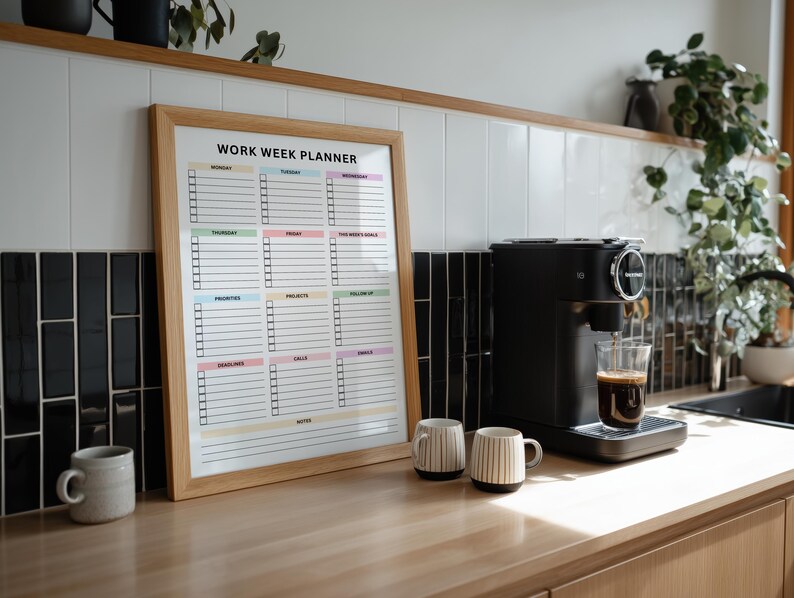 Minimalist 12-section weekly planner layout with colorful headers and clean lines, featuring daily checklists from Monday to Friday and dedicated spaces for work tasks and project management.