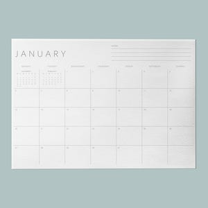 Calendario 2025 imprimible, planificador mensual minimalista en formato PDF con notas y vista del mes anterior y siguiente / A4, A3, carta, libro mayor, legal / inicio en lunes y domingo