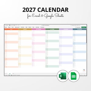 Kalender 2027 für Excel & Google Sheets, digitale Jahresübersichtsvorlage, bearbeitbarer Jahresplaner