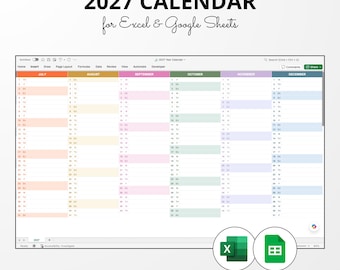2027 Calendar for Excel & Google Sheets, Digital Year At A Glance Template Editable Yearly Planner