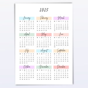 Calendario anual 2025 imprimible, calendario colorido, planificador anual, resumen del año, descarga instantánea, tamaño A4 y carta de EE. UU., inicio lunes y domingo