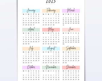 2025 Yearly Calendar Printable, Colorful Calendar, Year Planner, Year Overview, Instant Download, A4 and US Letter, Monday and Sunday Start