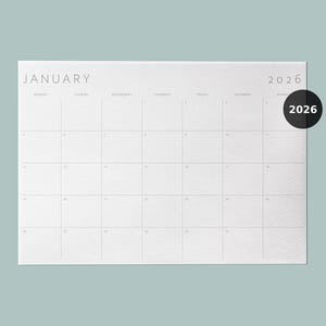 Calendario 2026 imprimible en PDF / Elegante planificador mensual 2026 / A4, A3, Carta, Ledger / Horizontal / Inicio lunes y domingo / Descarga digital
