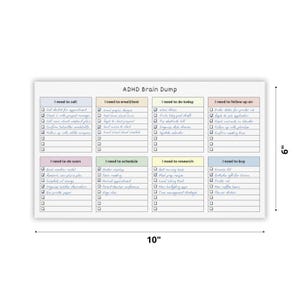 ADHD brain dump checklist notepad with pastel colored headings, eight sections of to-dos, and checkboxes in minimalist design, lying on a white surface with subtle shadows.