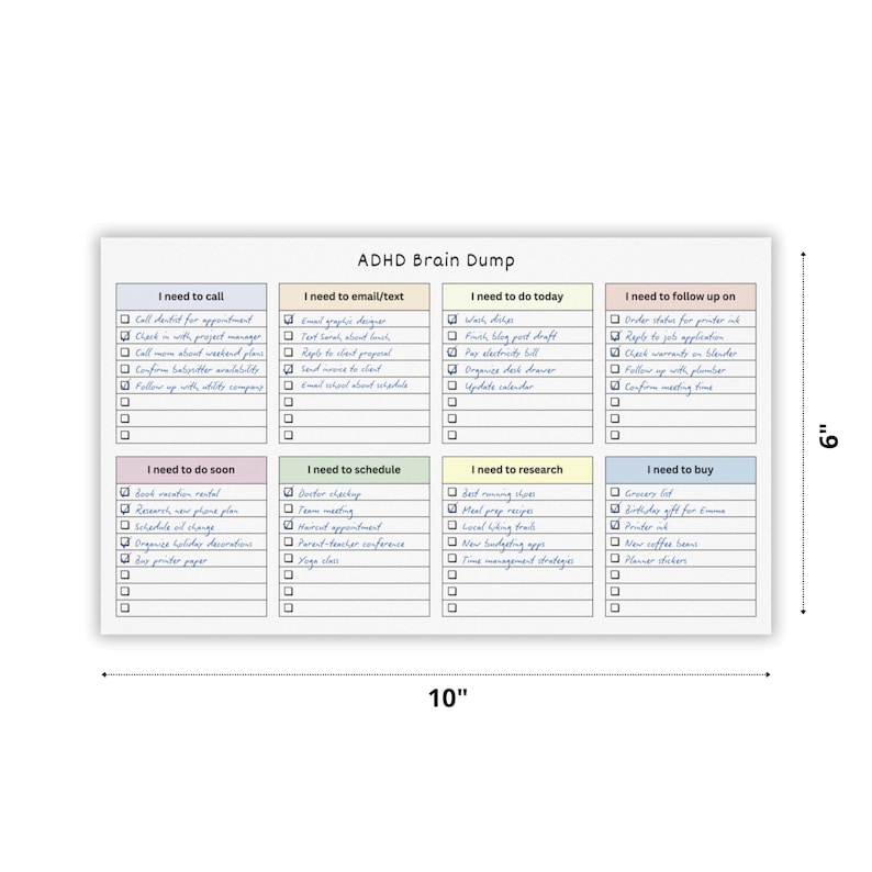 ADHD brain dump checklist notepad with pastel colored headings, eight sections of to-dos, and checkboxes in minimalist design, lying on a white surface with subtle shadows.