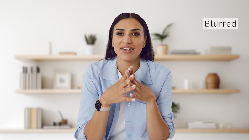 Minimalist virtual background for video meetings, showcasing a modern home office with bookshelves and plants, available as an instant JPG download.