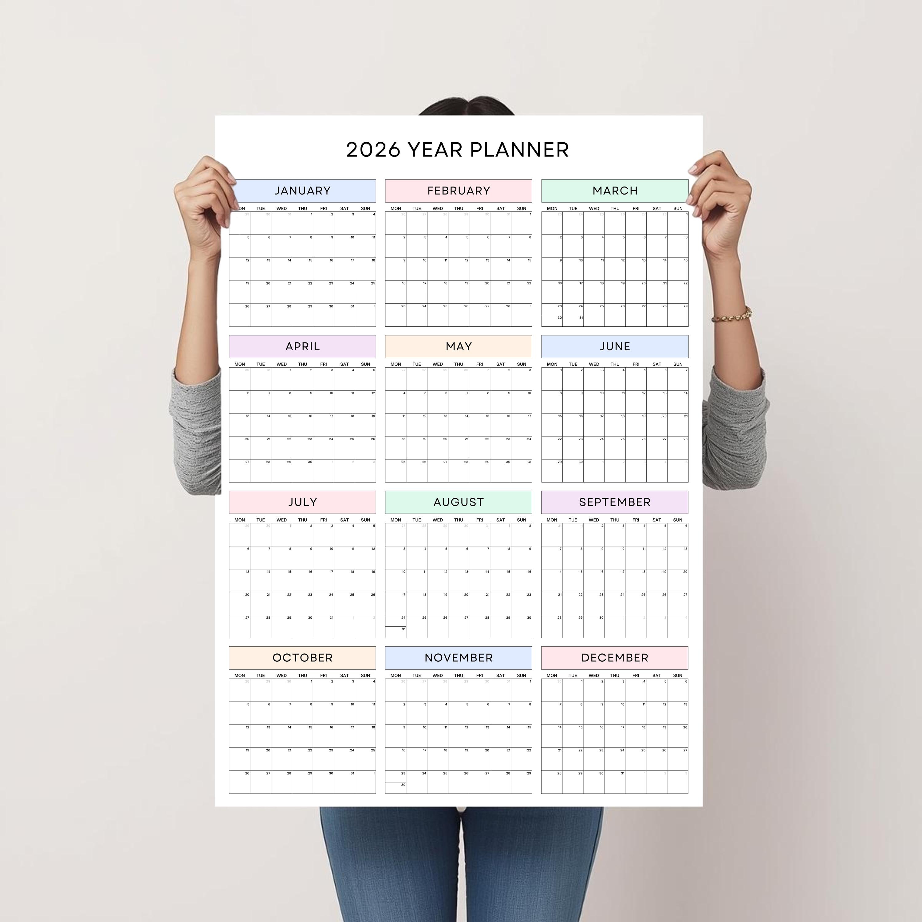 2026 Yearly Wall Planner, Pastel Year at A Glance Calendar (digital ...