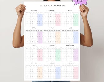 2027 Year At A Glance Wall Calendar, Minimalist Pastel Yearly Planner Poster Portrait