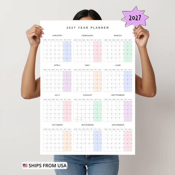 2027 Year At A Glance Wall Calendar Pastel Yearly Planner, Monday Start