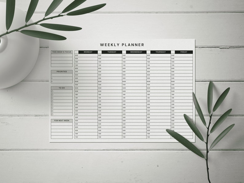 Work Week Planner Printable Template Daily Half-hourly Schedule Undated ...
