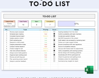Digital Todo List Excel Template Simple To-Do Spreadsheet Task Tracker Excel Sheet Checklist Priorities Checkboxes Instant Download