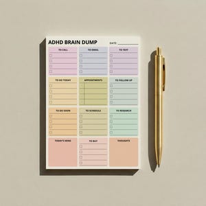 Close-up photo of a single sheet from an ADHD brain dump Post-it note pad, featuring divided areas with checkboxes for organizing written thoughts, tasks, and reminders in a clean, minimalist layout.