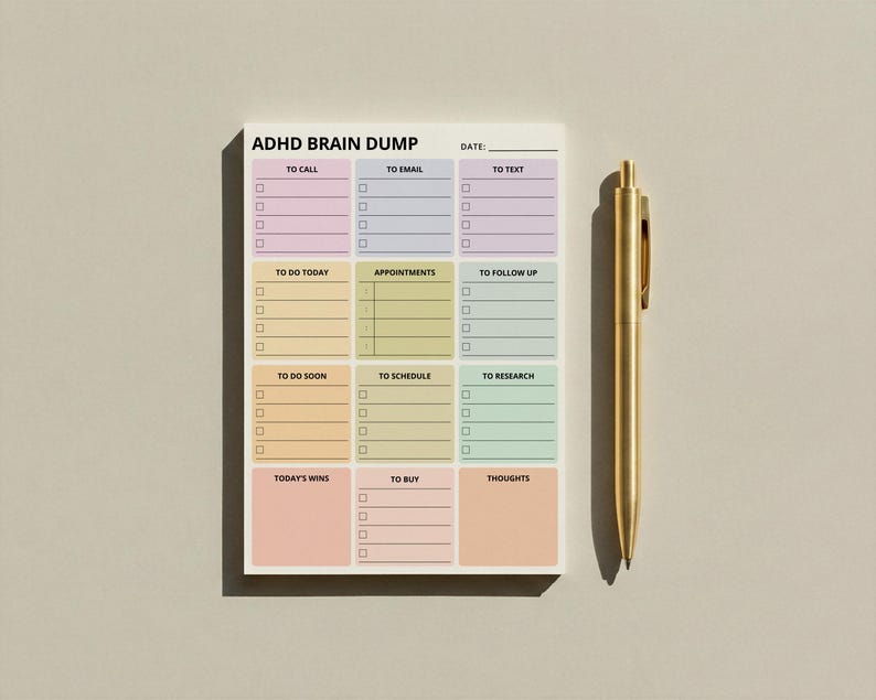 Close-up photo of a single sheet from an ADHD brain dump Post-it note pad, featuring divided areas with checkboxes for organizing written thoughts, tasks, and reminders in a clean, minimalist layout.
