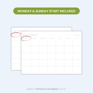 Monday and Sunday start versions of the 2027 printable monthly planner shown together in a comparison graphic.