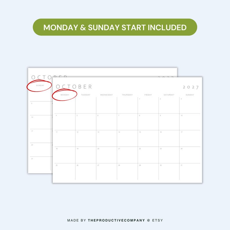 Monday and Sunday start versions of the 2027 printable monthly planner shown together in a comparison graphic.