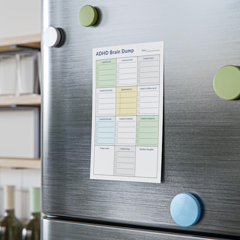 4x6-inch sticky notes pad with a brain dump section, appointments, tasks, and calls, displayed isolated on a white background, highlighting its design.