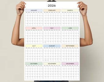 Poster wandkalender jaar 2026 in één oogopslag, minimalistisch pastelontwerp, zondagstart