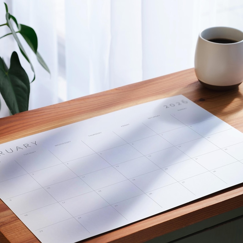 A horizontal layout 2026 calendar page with Sunday start, printed on A3 white paper, laid flat on a neutral beige surface, featuring minimalist thin grey lines and elegant grey font for each date.