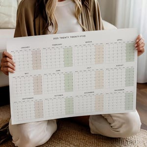 2025 Yearly Wall Calendar, Large Wall Planner 2025, Large Sizes A0 A1 A2, Minimalist, Neutral Beige Green, Monday Start, Landscape Format