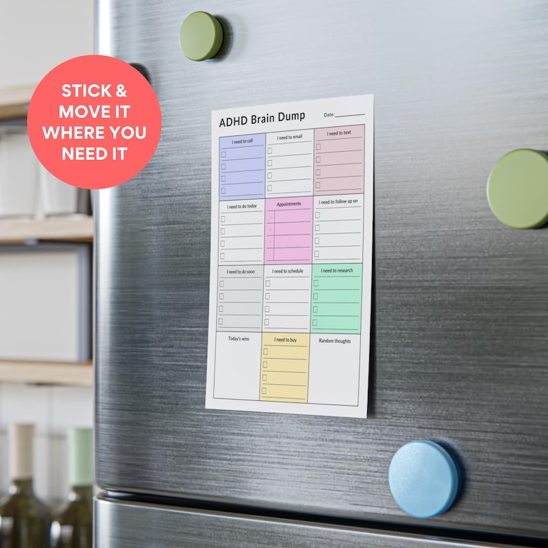 Flat lay of ADHD sticky notes planner on clean desk, featuring color-coded sections for daily tasks, appointments, calls, and notes, with compact 4x6 format and adhesive Post-it style sheets.