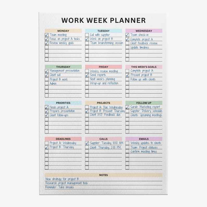 Weekly planner mockup showcasing vibrant headers for daily work tasks and sections, with checkmarks on completed items.