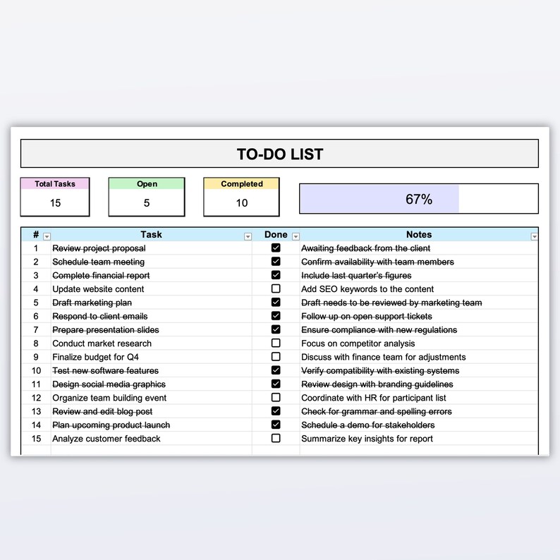 To Do List Excel Template: Simple Task Tracker With Checkboxes (digital ...