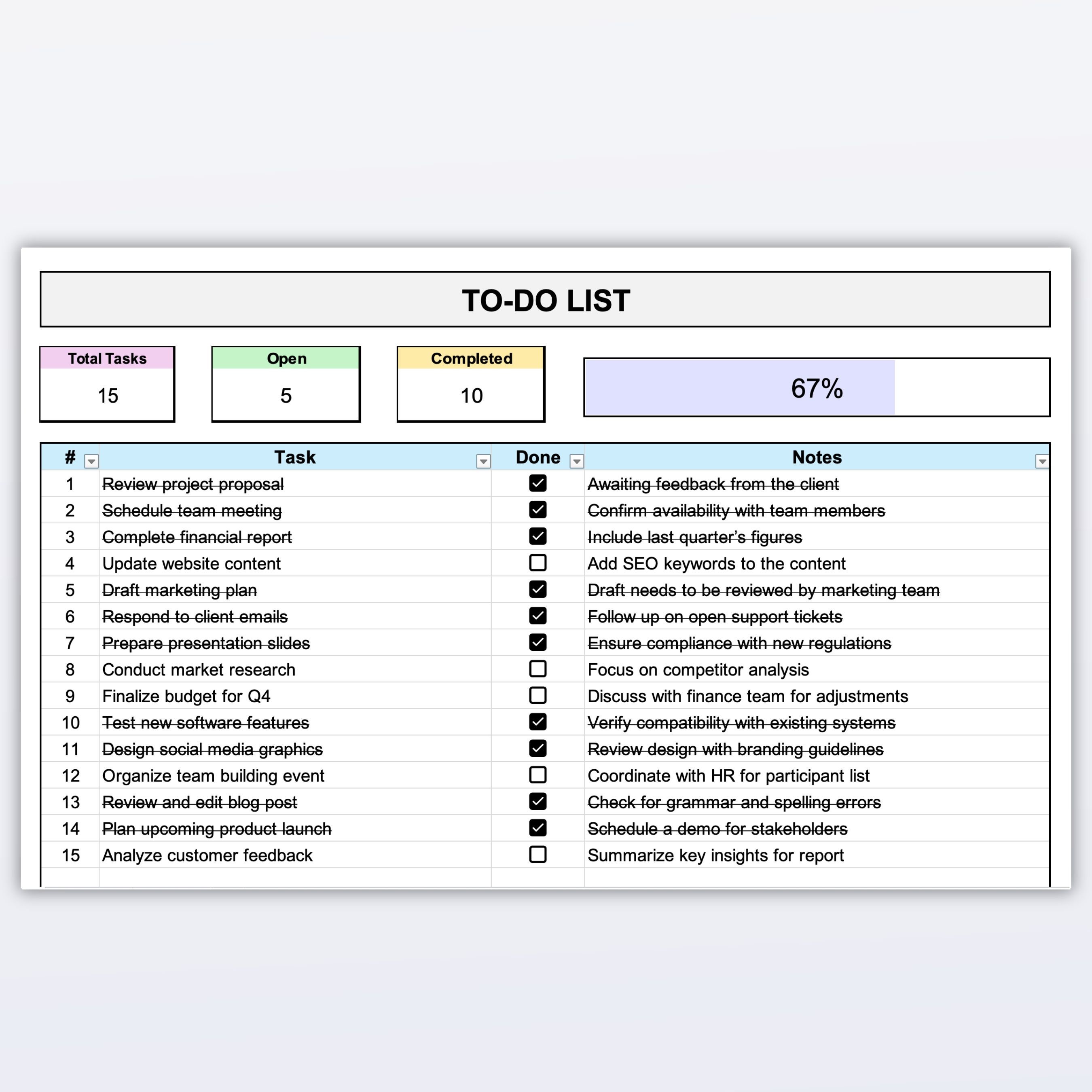 To Do List Excel Template: Simple Task Tracker With Checkboxes (digital ...