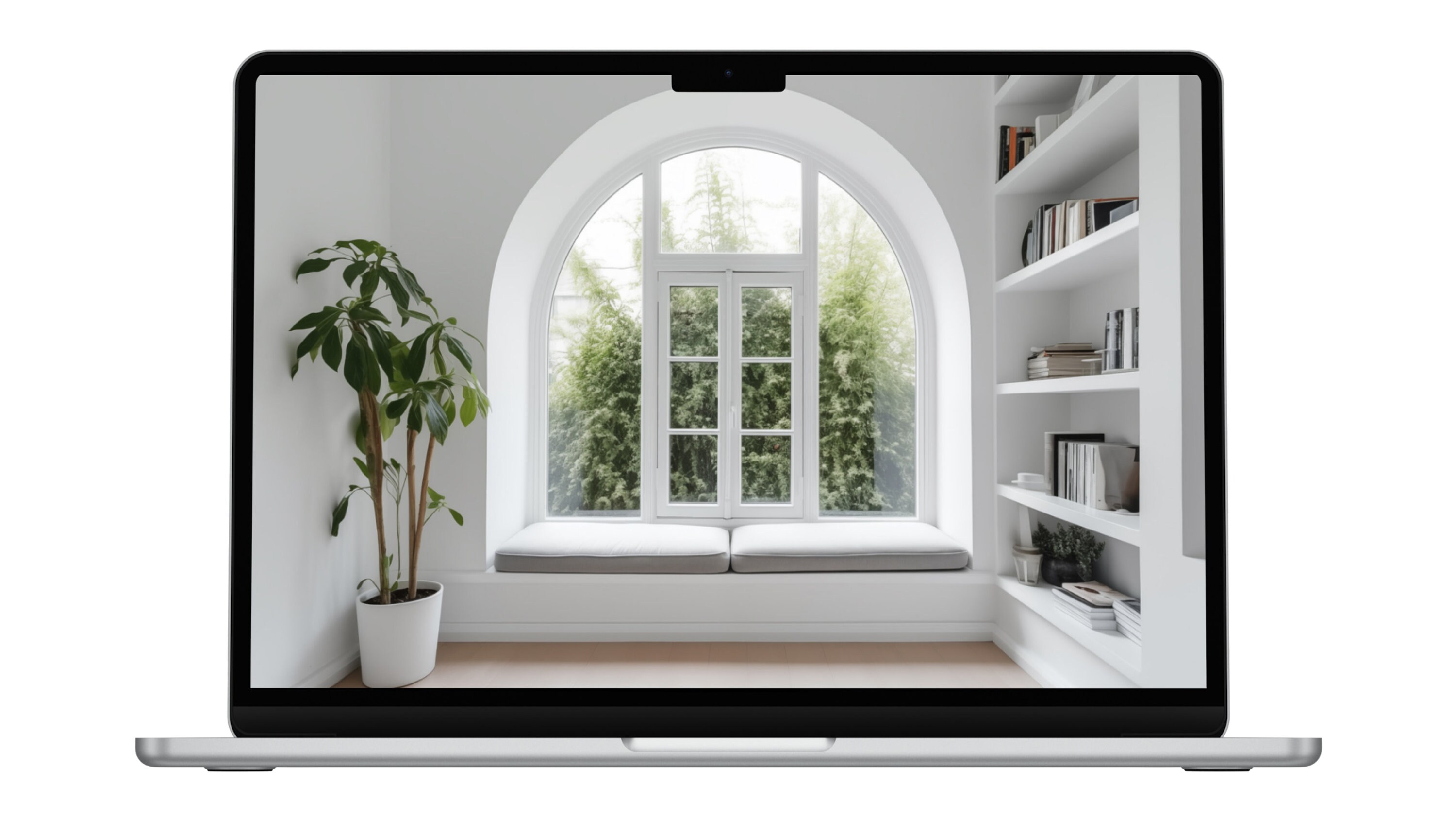 Window Virtual Background White Arched Window Virtual Background: Bookshelves & Greenery (digital ...