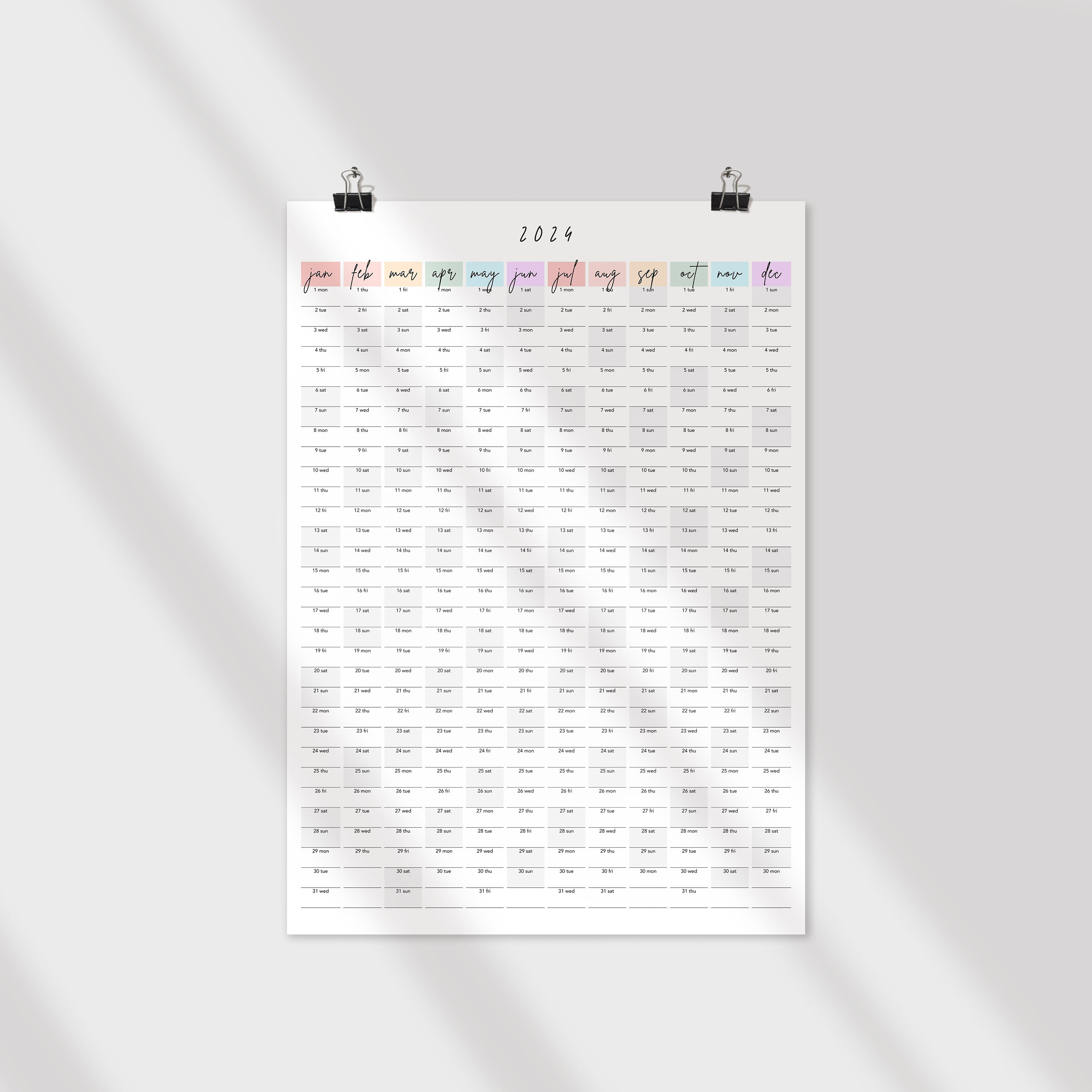 Wall Planner 2024 PDF Printable Large Wall Calendar 2024 Rainbow Colors ...