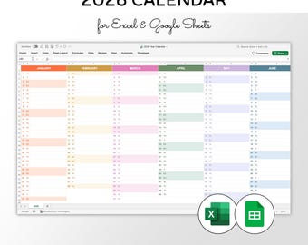 Digital 2026 Calendar Template for Excel & Google Sheets | Colorful, Editable Year Planner