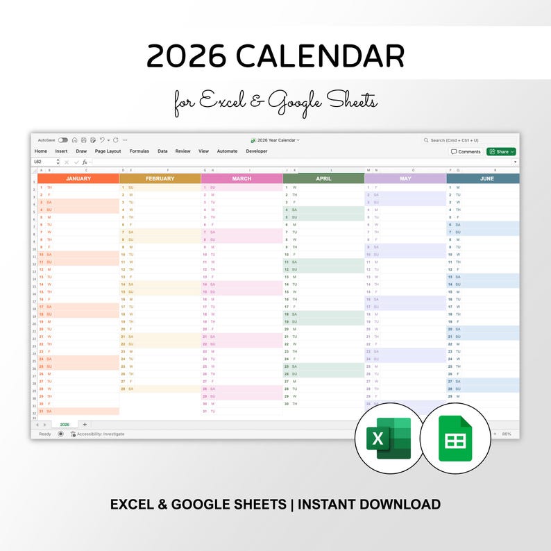 Laptop displaying a colorful 2026 Excel calendar template with editable yearly planner layout and task tracking columns