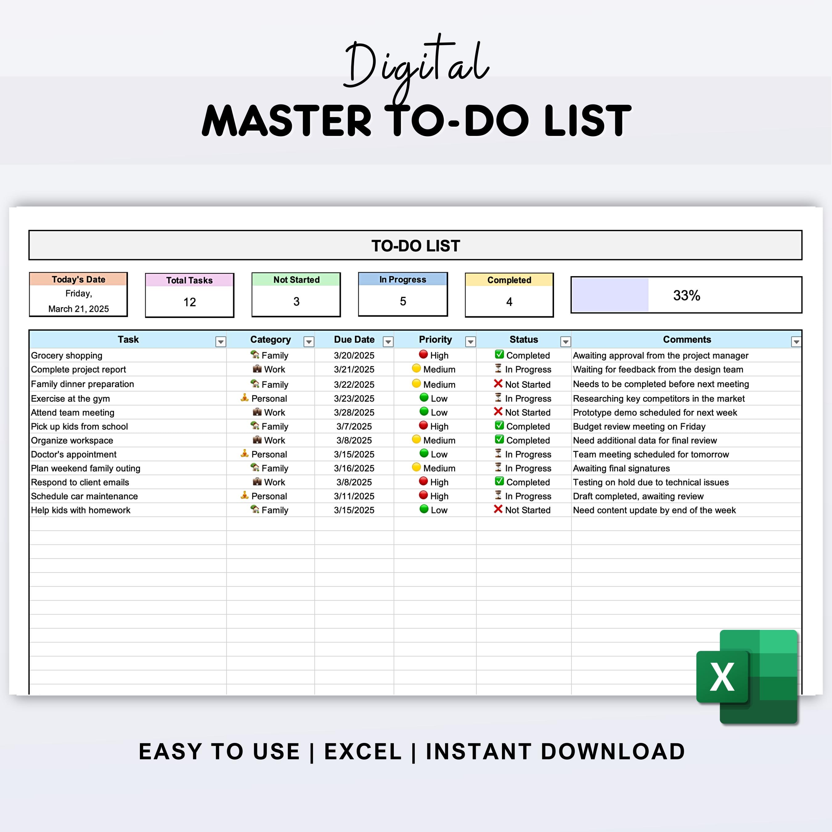 Master To Do List Excel Template Digital Todo List, Simple Task Planner by Category, Task Manager, Priority & Status Tracker, Download