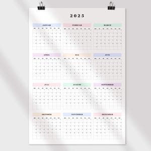 Minimalistischer Wandkalender 2025 Groß, Jahresübersicht Deutsch, A1, A2, A3, Pastelltöne, Jahresplaner zum Ausdrucken, Kalender 2025 PDF