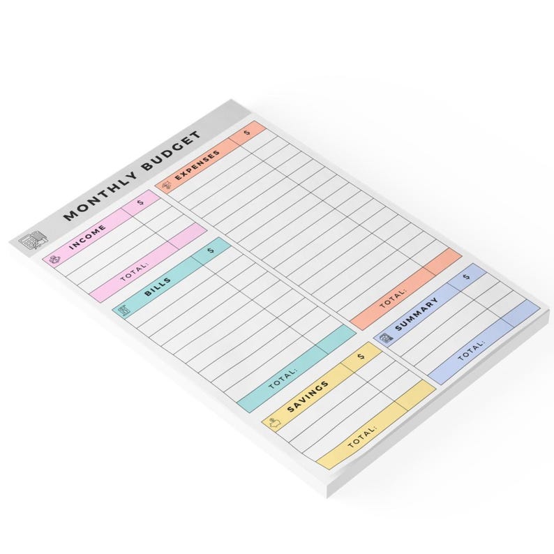 Sticky budget notepad with minimalist layout and playful icons for each financial category, including income, expenses, savings, and bills, photographed from overhead.