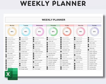 Wochenplaner mit Checkboxen und Fortschritt-Tracker. Wöchentliche Checkliste mit Tages-Charts für die Aufgabenplanung Excel Vorlage Sofort Download
