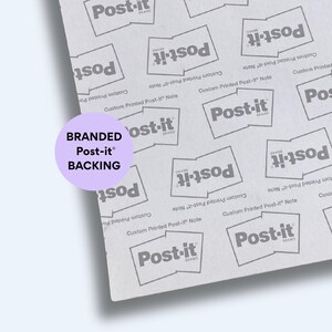 May include: Close-up of a sheet of Post-it notes with a repeating pattern of the Post-it brand logo. The backing is branded with the text "BRANDED Post-it BACKING" in a purple circle. The notes are white with gray logos.