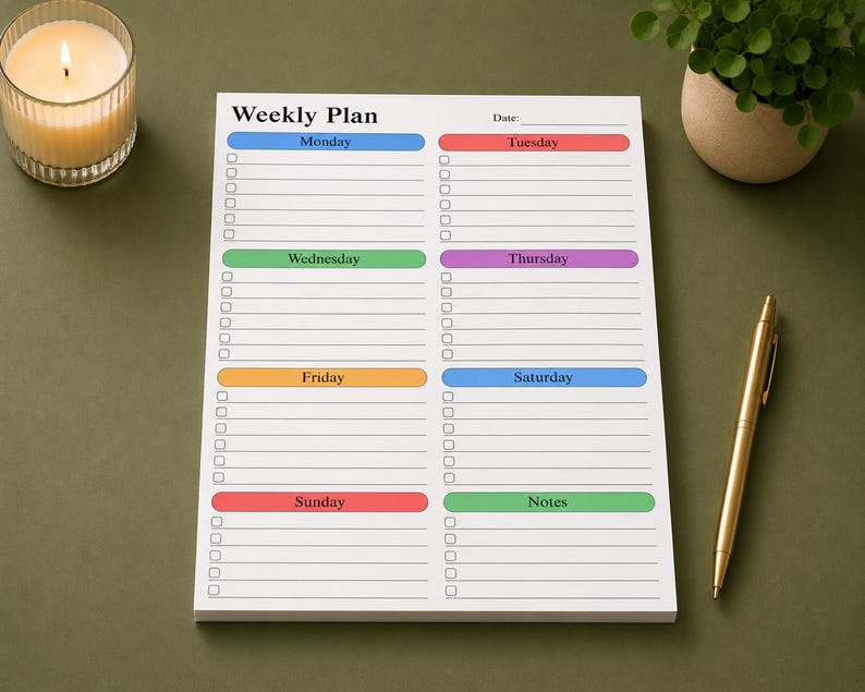 Weekly desk planning notepad with spacious checklist layout and soft pastel weekday headers shown on clean beige surface, featuring large writing sections and organized planner format.