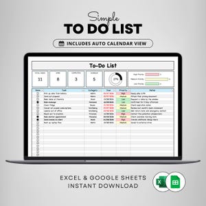 May include: A digital to-do list template displayed on a laptop screen with the text Simple TO DO LIST and INCLUDES AUTO CALENDAR VIEW. The spreadsheet features columns for tasks, categories, due dates, priority levels, and notes with a dashboard.