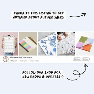 May include: Image featuring a variety of stationery products, including calendars, notepads, and sticky notes. The text encourages viewers to favorite the listing for future sales notifications and to follow the shop for new drops and updates.