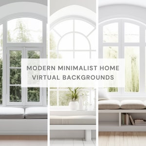 Puede incluir: Tres escenas de ventanas con marcos de ventanas blancos y alféizares blancos. Las ventanas tienen techos arqueados y están decoradas con un banco blanco. La primera ventana ofrece una vista de árboles verdes. La segunda ventana tiene una planta en maceta en el alféizar de la ventana. La tercera ventana presenta un banco blanco con un cojín y una estantería. El texto "MODERN MINIMALIST HOME VIRTUAL BACKGROUNDS" se muestra en el centro de la imagen.