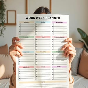 A digital printable weekly planner PDF in portrait orientation showing Monday to Friday checklists, plus sections for goals, priorities, projects, follow-ups, deadlines, calls, emails, and notes.